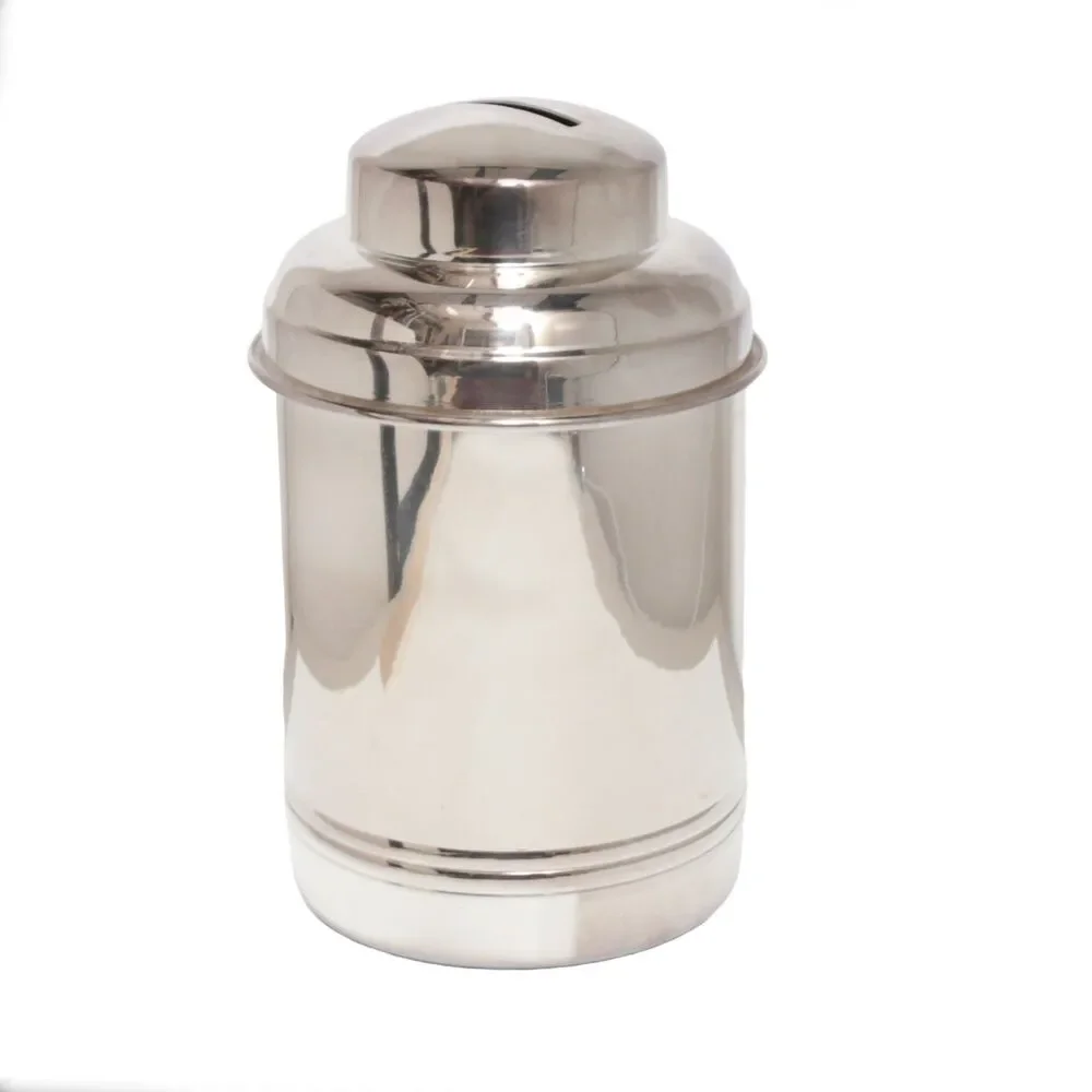 Pottery Barn Silver Coin Canister Boxed Silver Plated Finish Made in India NEW